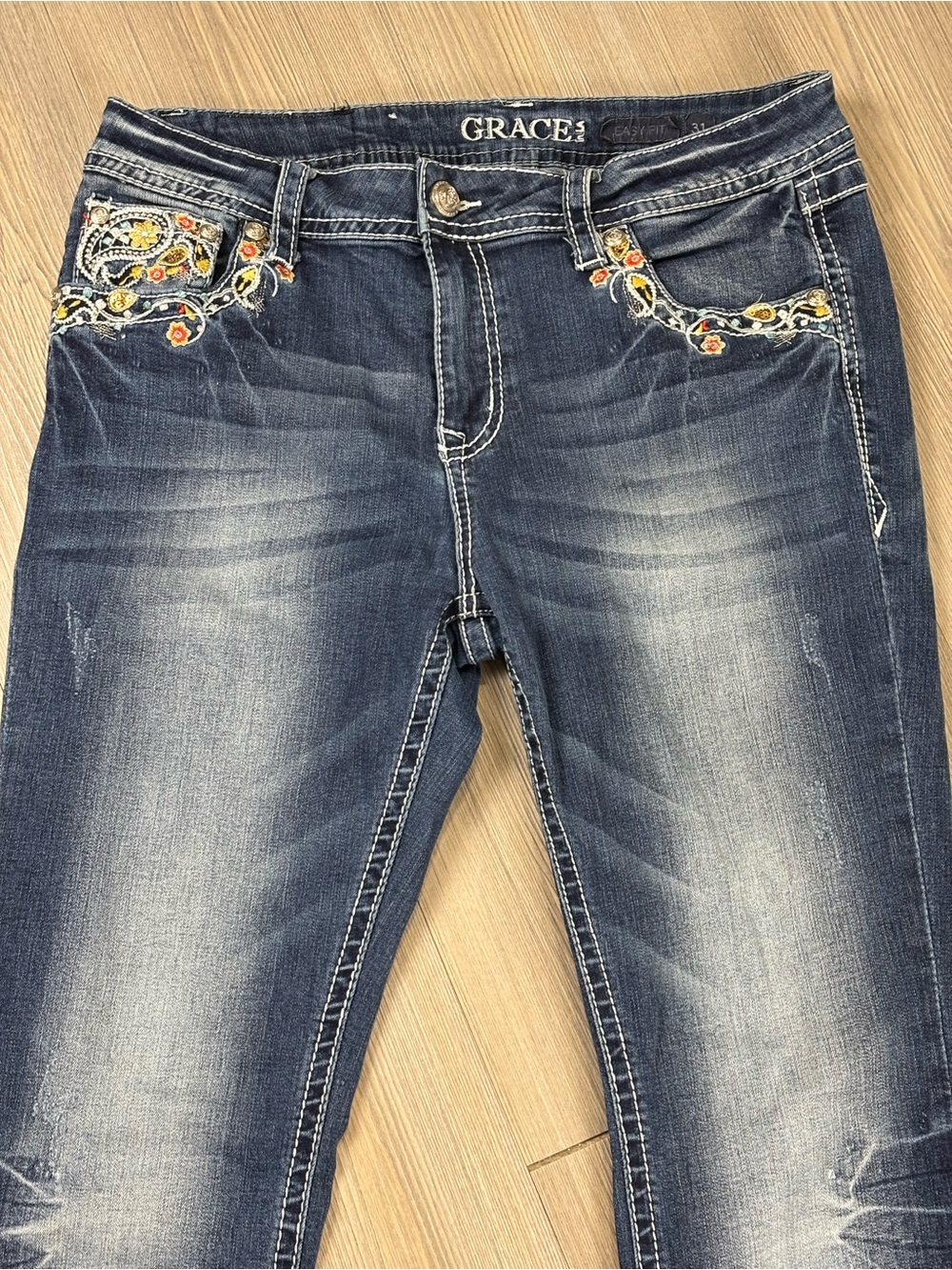 Grace In La Embroidered Flare Jeans - Dark Blue - Picture 2 of 15